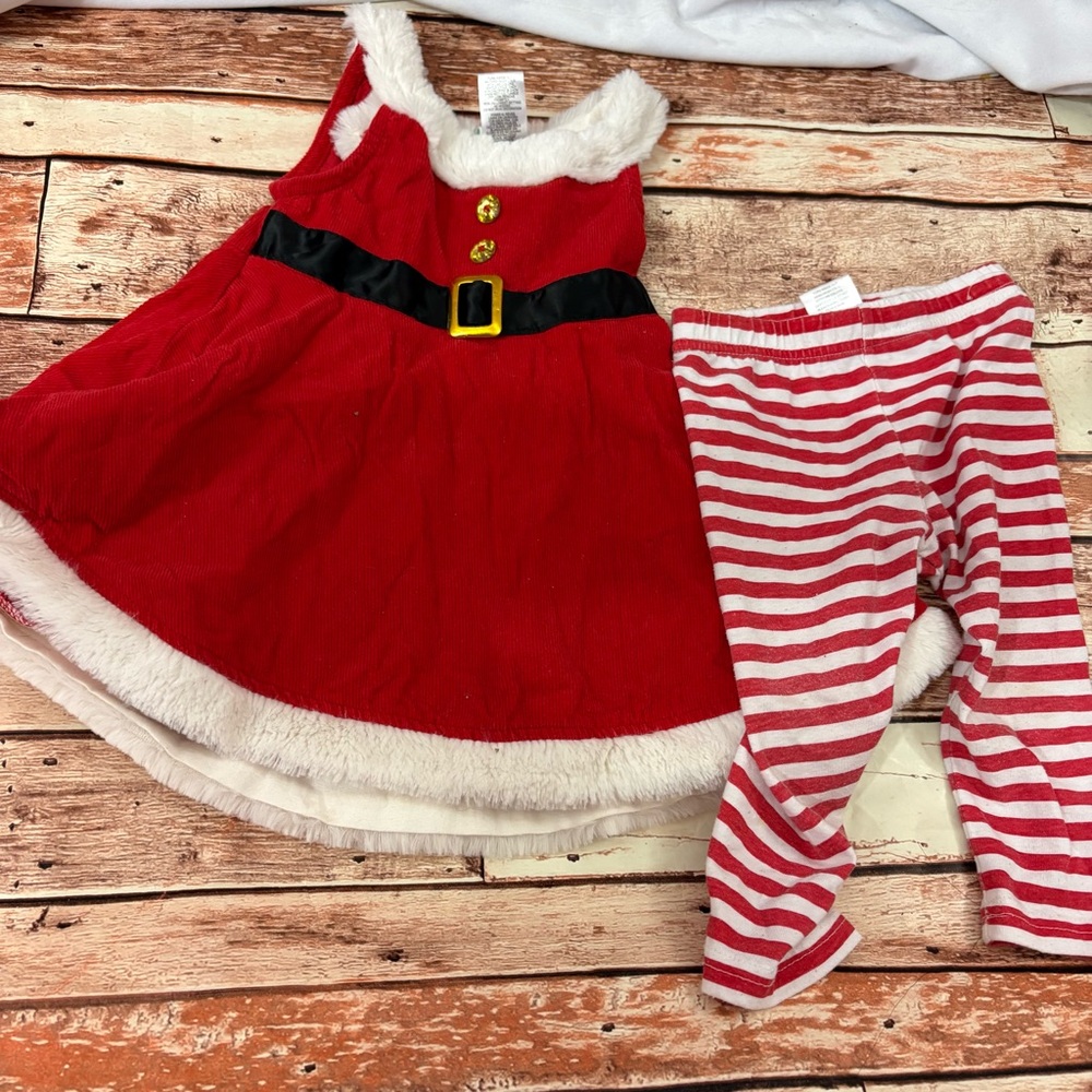 Red Santa Dress and Striped Leggings outfit